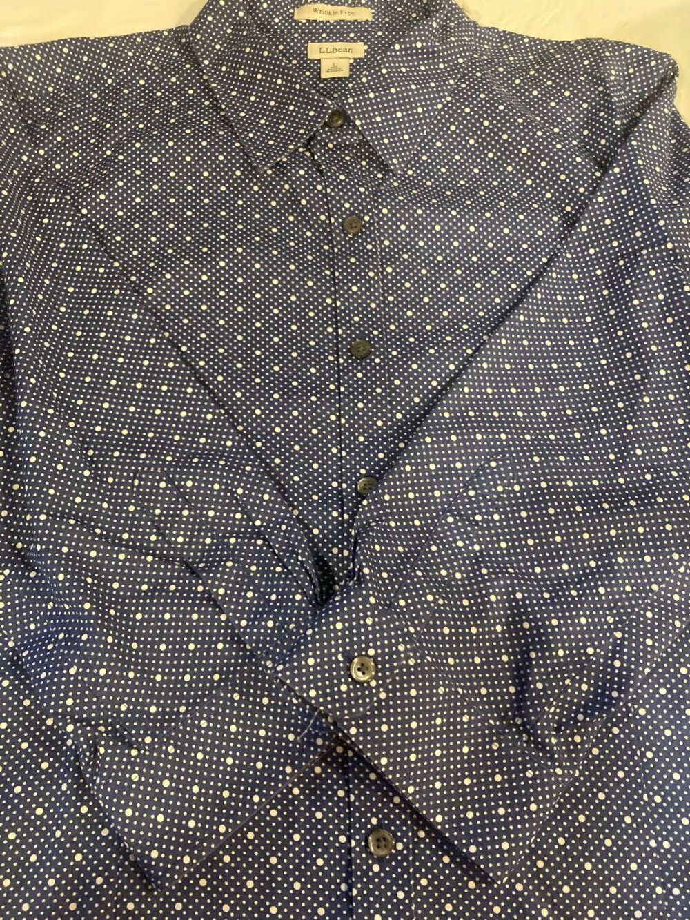 LL Bean 3/4-Sleeve Wrinkle Free Blue/White Dot Shirt, Size L
